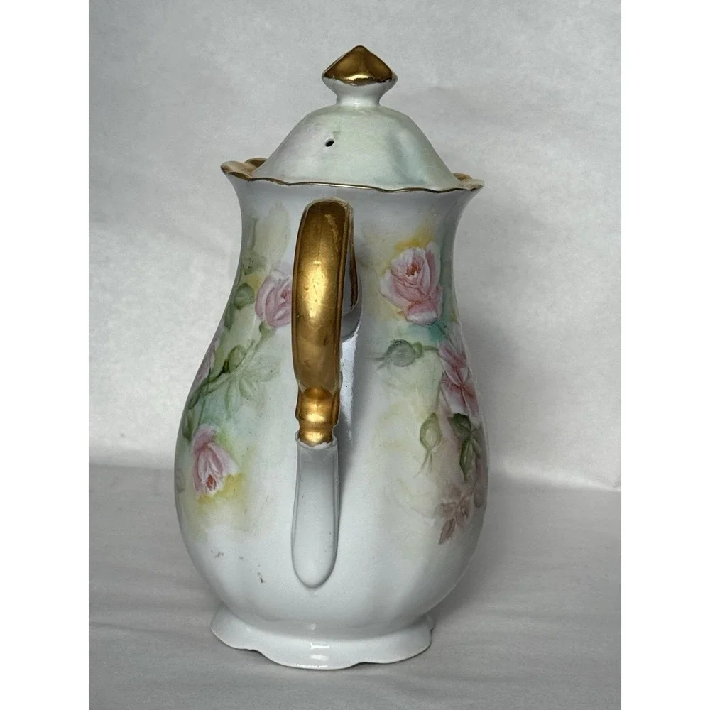 Antique Hand Painted Porcelain Coffee Tea Pot SIGNED E H Groff Roses Gold Gilt